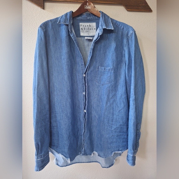 Frank & Eileen Tops - Frank & Eileen Denim Eileen Shirt Distressed Button Down Women's Size L